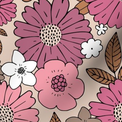 Scandinavian vintage style daisy flower garden boho botanical autumn winter christmas leaves and blossom neutral nursery pink rose berry JUMBO