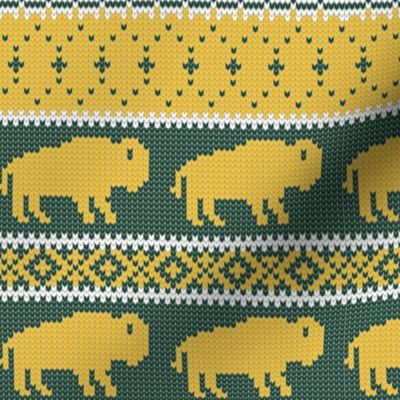 Buffalo Fair Isle - dark green and yellow gold   - holiday Christmas winter sweater -  LAD20