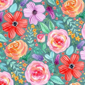 Bold Blooms (Teal Background) - Small