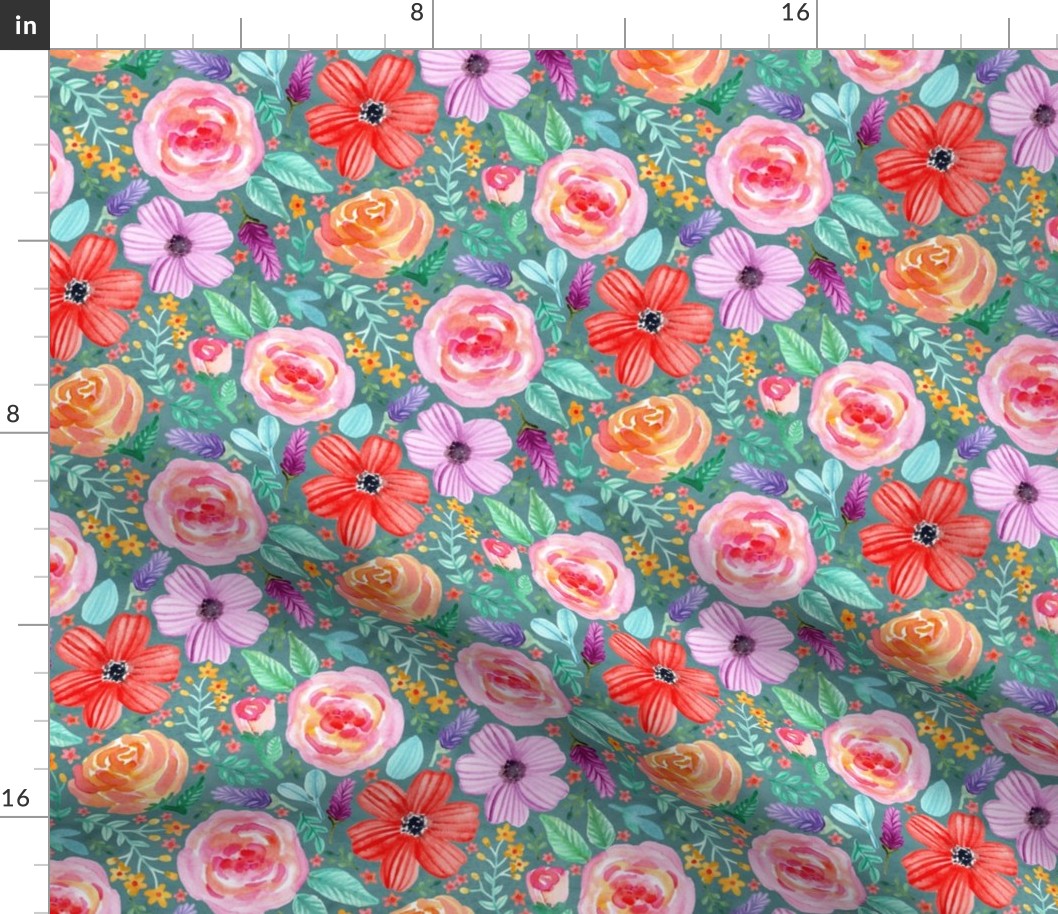 Bold Blooms (Teal Background) - Small