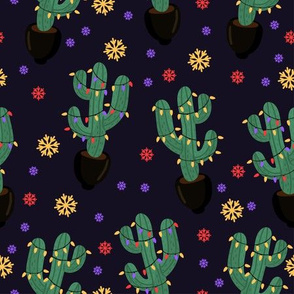 Christmas Fabric Funny Holiday Cactus Lights Snow