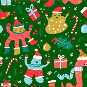 Christmas Fabric Funny Holiday Monsters Cute Green-01