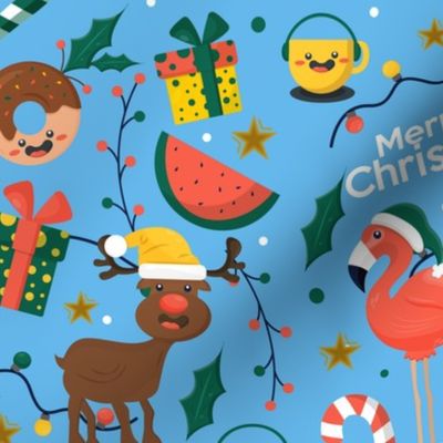 Christmas Fabric Funny Holiday Rein Deer Flamingo Merry Christmas BLue-01