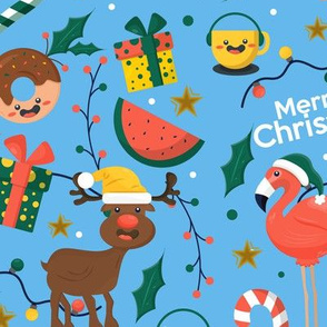 Christmas Fabric Funny Holiday Rein Deer Flamingo Merry Christmas BLue-01