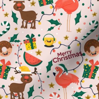 Christmas Fabric Funny Holiday Rein Deer Flamingo Merry Christmas-01 Pink-01