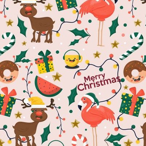 Christmas Fabric Funny Holiday Rein Deer Flamingo Merry Christmas-01 Pink-01