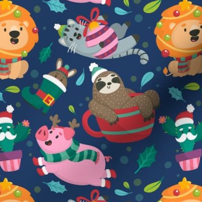 Christmas Fabric Funny Holiday Sloth Lion Cat Cactus-01