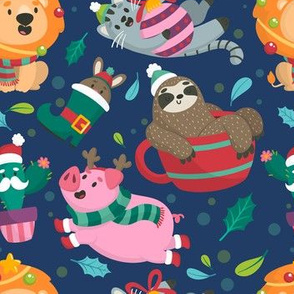 Christmas Fabric Funny Holiday Sloth Lion Cat Cactus-01