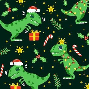 Christmas Fabric Funny Holiday Trex Santa Hat Dinosaur-01