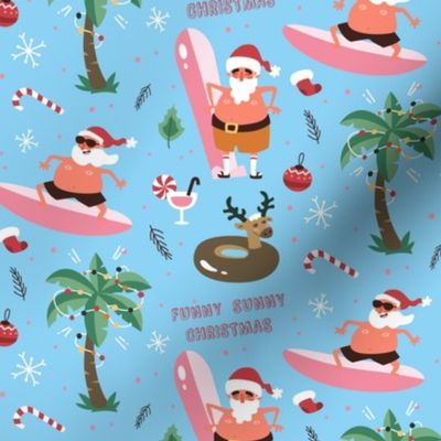 Christmas Fabric Funny Surfing Santa Beach Christmas Blue-01