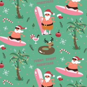 Christmas Fabric Funny Surfing Santa Beach Christmas Green-01