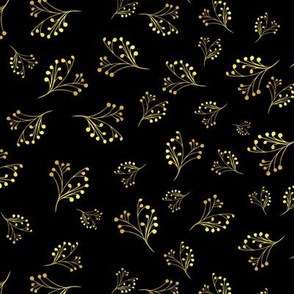 Golden Flourishes on Black Background Fabric