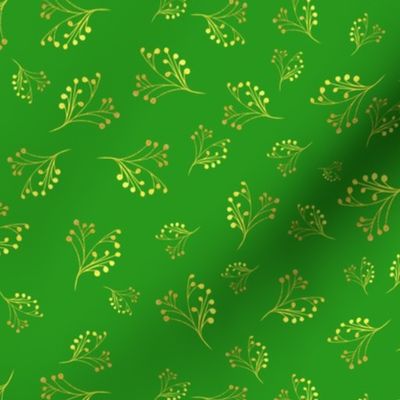 Golden Flourishes on Bright Green Background Fabric 