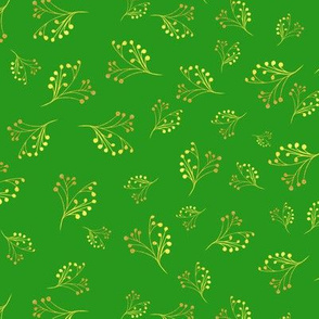 Golden Flourishes on Bright Green Background Fabric 