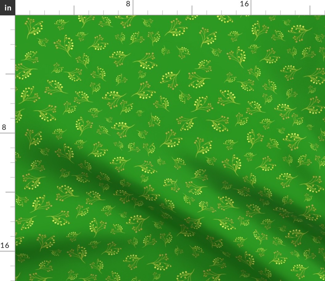 Golden Flourishes on Bright Green Background Fabric 