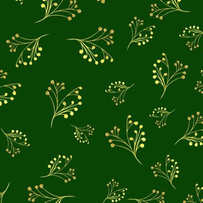 Golden Flourishes on Green Background Fabric