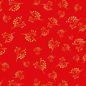 Golden Flourishes on Bright Red Background Fabric