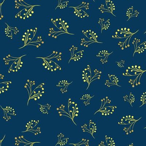 Golden Flourishes on Deep Blue Background Fabric 