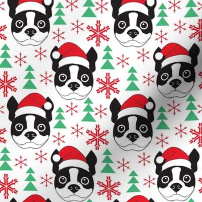 boston terrier faces, snowflakes and trees