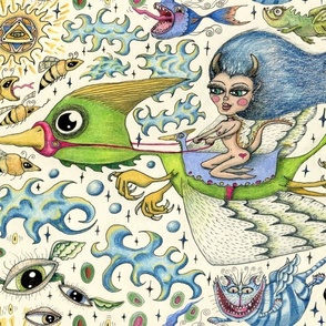 Beautiful girl creature riding on bird fantasy, jumbo large scale, ivory cream white blue green yellow red