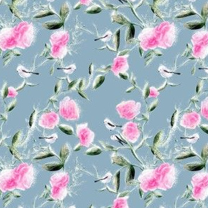 First snow winter birds and roses vintage pattern design