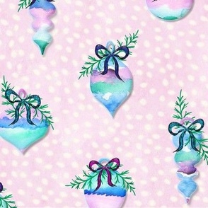 Large Watercolor Painted Christmas Ornaments w Bows on Pink Snow