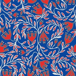 Traditional folk floral print_White leaves, red flowers on blue_scandinavian christmas for home decor.