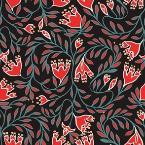 Traditional folk floral print_red, ivory botanical on black_ scandinavian christmas for home decor.