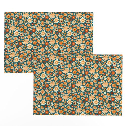 Bohemian Daisy Meadow - Teal & Tangerine - Small Scale   