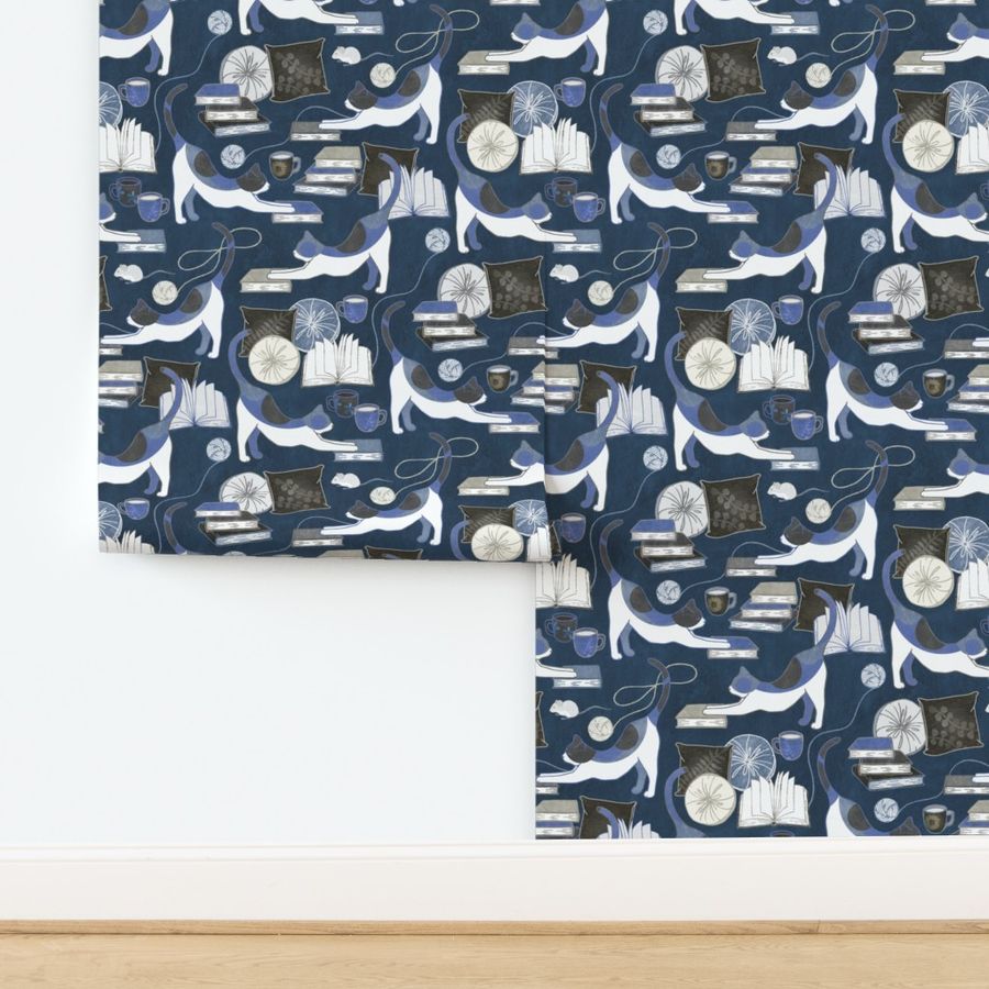 A Comforting Cup of Coffee in The Cozy Company of Cats - textured navy, royal blue, black, white, and grey