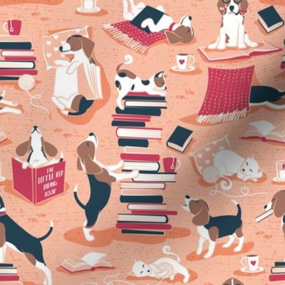Small scale // Life is better with books a hot drink and a friend // flesh coral background brown white and blue beagles and cats and red cozy details