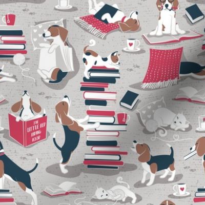 Small scale // Life is better with books a hot drink and a friend // beige background brown white and blue beagles and cats and red cozy details