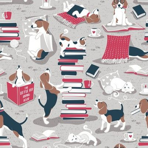 Small scale // Life is better with books a hot drink and a friend // beige background brown white and blue beagles and cats and red cozy details