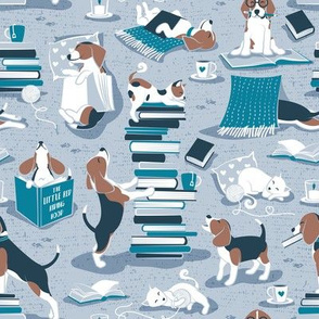 Small scale // Life is better with books a hot drink and a friend // blue background brown white and blue beagles and cats and turquoise cozy details