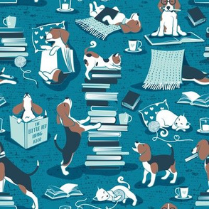 Small scale // Life is better with books a hot drink and a friend // turquoise background brown white and blue beagles and cats and aqua cozy details