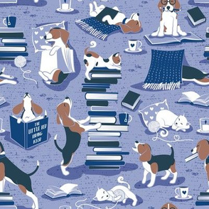 Small scale // Life is better with books a hot drink and a friend // indigo blue background brown white and blue beagles and cats and classic blue cozy details