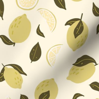 Lemon, slices and leaves in yellow