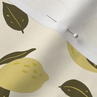 Lemon, slices and leaves in yellow