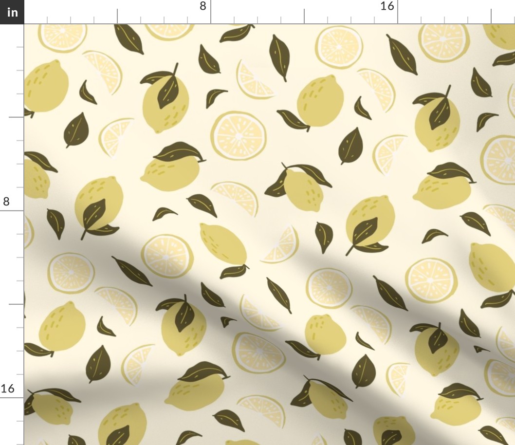 Lemon, slices and leaves in yellow