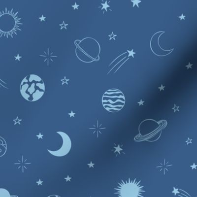 Sky on blue with planets and stars