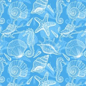 Seashells, seahorse and stars - blue