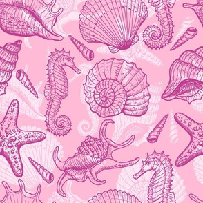 Seashells, seahorse and stars - pink