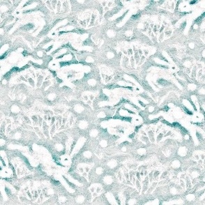 Winter Hares Jumping Rabbits Snow Field Forest Wool Texture Pattern White Turquoise