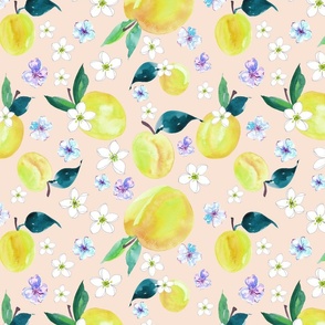Peaches and blue flowers in watercolor from Anines Atelier. Use the design for pantry or kitchen walls