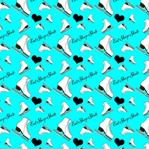 Figure Skates Design with Text and Hearts Design on Cyan