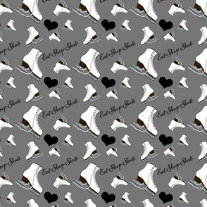 Figure Skates Design with Text and Hearts Design on Grey Fabric.