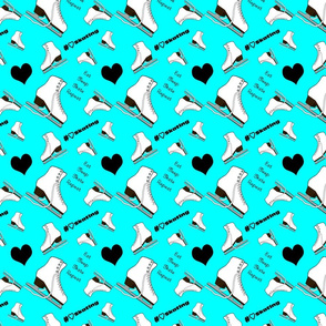   Figure Skates on Cyan Fabric with Text and Hearts Design