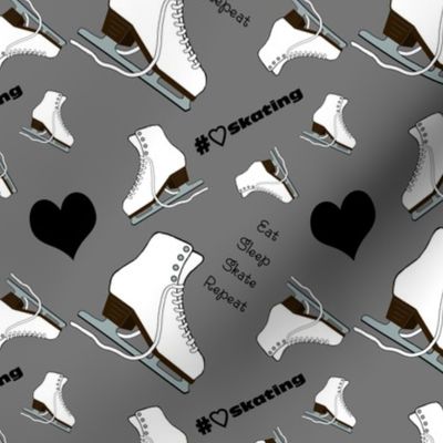Figure Skates on Grey Fabric with Text and Hearts Design