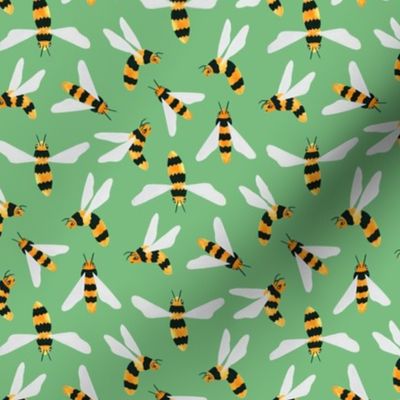 Friendly Gouache Bees on Green - Scandi - Small Version