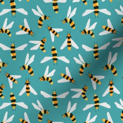 Friendly Gouache Bees on Teal - Scandi - Small Version